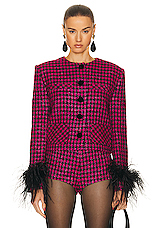MARIANNA SENCHINA Scarlett Feather Trimmed Jacket in Fuchsia Pied-de-poule, view 1, click to view large image.
