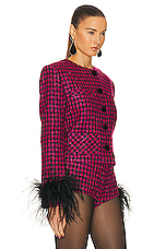 MARIANNA SENCHINA Scarlett Feather Trimmed Jacket in Fuchsia Pied-de-poule, view 2, click to view large image.
