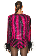 MARIANNA SENCHINA Scarlett Feather Trimmed Jacket in Fuchsia Pied-de-poule, view 3, click to view large image.