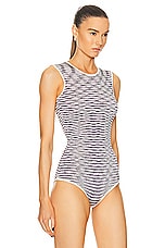 Missoni Crewneck Sleeveless Bodysuit in Lilac & Black Space Dye, view 3, click to view large image.