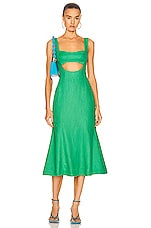 MATTHEW BRUCH for FWRD Eva Fluted Midi Dress in Kelly Green, view 4, click to view large image.