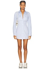 MATTHEW BRUCH Cargo Leg Of Mutton Sleeve Mini Shirt Dress in Light Blue Oxford, view 1, click to view large image.