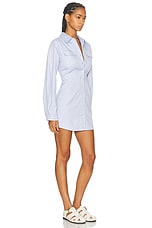 MATTHEW BRUCH Cargo Leg Of Mutton Sleeve Mini Shirt Dress in Light Blue Oxford, view 2, click to view large image.