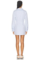 MATTHEW BRUCH Cargo Leg Of Mutton Sleeve Mini Shirt Dress in Light Blue Oxford, view 3, click to view large image.