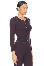 MATTHEW BRUCH Rib Knit Cropped Cardigan in Eggplant Knit, view 2, click to view large image.