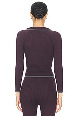 MATTHEW BRUCH Rib Knit Cropped Cardigan in Eggplant Knit, view 3, click to view large image.