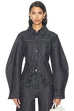 MATTHEW BRUCH Seamed Leg Of Mutton Jacket in Dark Denim, view 1, click to view large image.