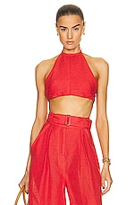 MATTHEW BRUCH Tie Halter Crop Top in Red, view 1, click to view large image.