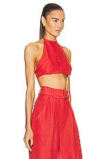 MATTHEW BRUCH Tie Halter Crop Top in Red, view 2, click to view large image.