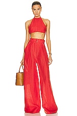 MATTHEW BRUCH Tie Halter Crop Top in Red, view 4, click to view large image.