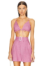 MATTHEW BRUCH Triangle Tie Front Crop Top in Orchid Linen, view 1, click to view large image.