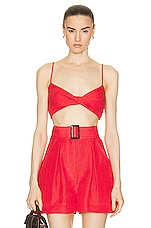 MATTHEW BRUCH Twist Bandeau Crop Top in Red Linen, view 1, click to view large image.