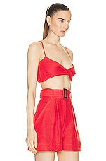MATTHEW BRUCH Twist Bandeau Crop Top in Red Linen, view 2, click to view large image.