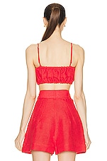 MATTHEW BRUCH Twist Bandeau Crop Top in Red Linen, view 3, click to view large image.