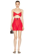 MATTHEW BRUCH Twist Bandeau Crop Top in Red Linen, view 4, click to view large image.