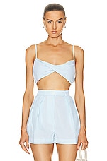 MATTHEW BRUCH Twist Bandeau Crop Top in Aqua, view 1, click to view large image.