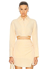 MATTHEW BRUCH Long Sleeve Cropped Button Up Shirt in Mango, view 1, click to view large image.