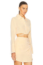 MATTHEW BRUCH Long Sleeve Cropped Button Up Shirt in Mango, view 2, click to view large image.