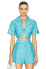 MATTHEW BRUCH Cropped Collared Twist Top in Bright Blue Crinkle, view 1, click to view large image.