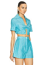 MATTHEW BRUCH Cropped Collared Twist Top in Bright Blue Crinkle, view 2, click to view large image.