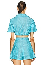 MATTHEW BRUCH Cropped Collared Twist Top in Bright Blue Crinkle, view 3, click to view large image.
