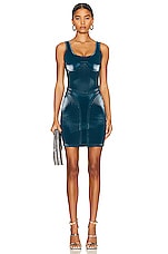 Mugler Glossy Embossed Dress in Teal, view 1, click to view large image.