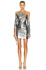 Mugler High Neck Mini Dress in Chrome Silver & Nude 01, view 1, click to view large image.