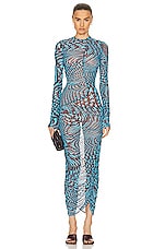 Mugler Printed Mesh Midi Dress in Star Cherry & Turquoise, view 1, click to view large image.