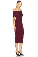 Mugler Off The Shoulder Midi Dress in Blood Red, view 2, click to view large image.