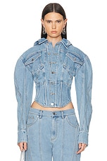 Mugler Corset Button Up Jacket in Light Blue, view 1, click to view large image.