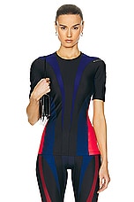 Mugler Lycra Short Sleeve Top in Multicolor Ocean & Magenta, view 1, click to view large image.