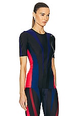 Mugler Lycra Short Sleeve Top in Multicolor Ocean & Magenta, view 2, click to view large image.