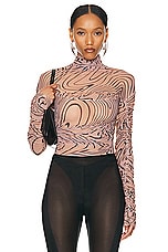 Mugler Mesh Long Sleeve Top in Star Outline Print Tan, view 1, click to view large image.