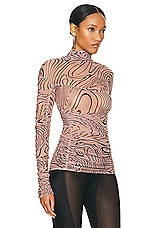 Mugler Mesh Long Sleeve Top in Star Outline Print Tan, view 2, click to view large image.