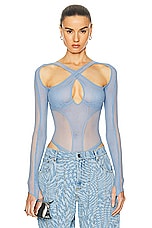Mugler Tulle Long Sleeve Bodysuit in Silver Blue, view 1, click to view large image.