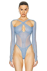 Mugler Tulle Long Sleeve Bodysuit in Silver Blue, view 2, click to view large image.