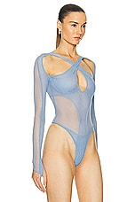 Mugler Tulle Long Sleeve Bodysuit in Silver Blue, view 3, click to view large image.