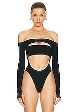 Mugler Off The Shoulder Bodysuit in Black, view 2, click to view large image.