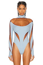 Mugler Illusion Cut Bodysuit in Light Blue & Nude 02, view 2, click to view large image.
