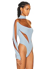 Mugler Illusion Cut Bodysuit in Light Blue & Nude 02, view 3, click to view large image.