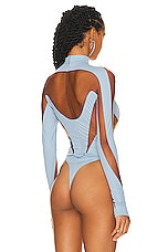 Mugler Illusion Cut Bodysuit in Light Blue & Nude 02, view 5, click to view large image.