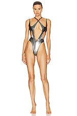 Mugler Cut Out One Piece Swimsuit in Chrome, view 1, click to view large image.