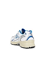 New Balance 530 in White & Blue Oasis, view 3, click to view large image.