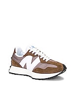 New Balance 327 Sneaker in Dark Earth & Mushroom, view 2, click to view large image.