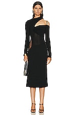 Nensi Dojaka Gathered Asymmetrical Long Sleeve Midi Dress in Black, view 1, click to view large image.