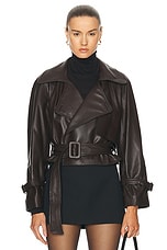 NOUR HAMMOUR Hatti Belted Cropped Leather Jacket in Molasses, view 1, click to view large image.