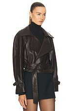 NOUR HAMMOUR Hatti Belted Cropped Leather Jacket in Molasses, view 2, click to view large image.