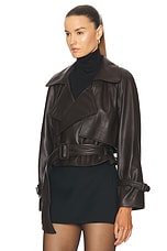 NOUR HAMMOUR Hatti Belted Cropped Leather Jacket in Molasses, view 3, click to view large image.