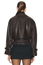 NOUR HAMMOUR Hatti Belted Cropped Leather Jacket in Molasses, view 4, click to view large image.