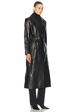 NOUR HAMMOUR Tamara Belted Leather Trench Coat in Black, view 3, click to view large image.